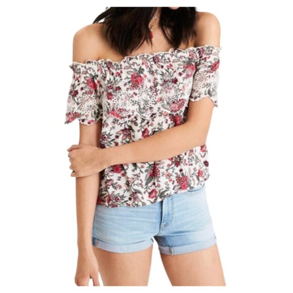 American Eagle Off Shoulder Floral Eyelet Ruffle Top - Picture 2 of 6